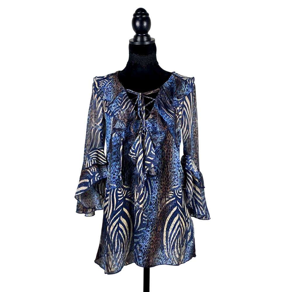 Metric Animal Print Whimsigoth Avant Garde LaceUp Boho Ruffle Flowy Blouse Dress